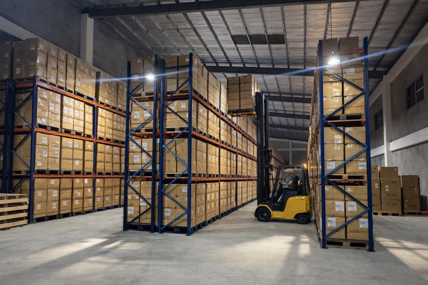 Racked warehouse with forklift handling finished goods